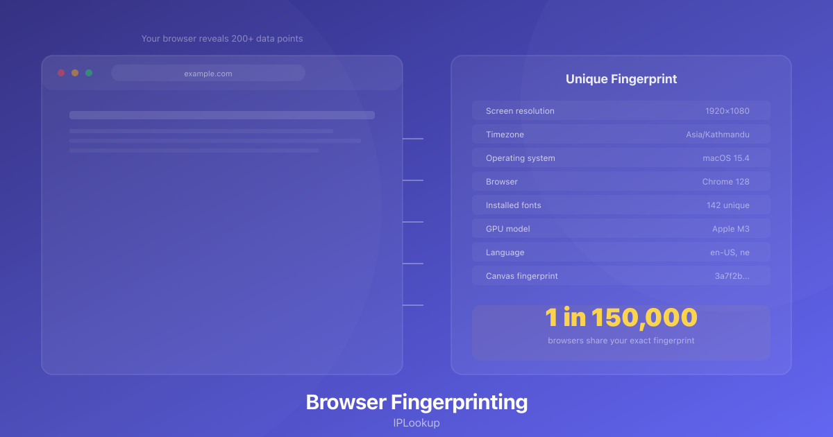 Browser fingerprinting visualization showing a browser window with data points flowing out — screen resolution, timezone, font list, GPU model, and canvas fingerprint — with a 1-in-150,000 uniqueness score